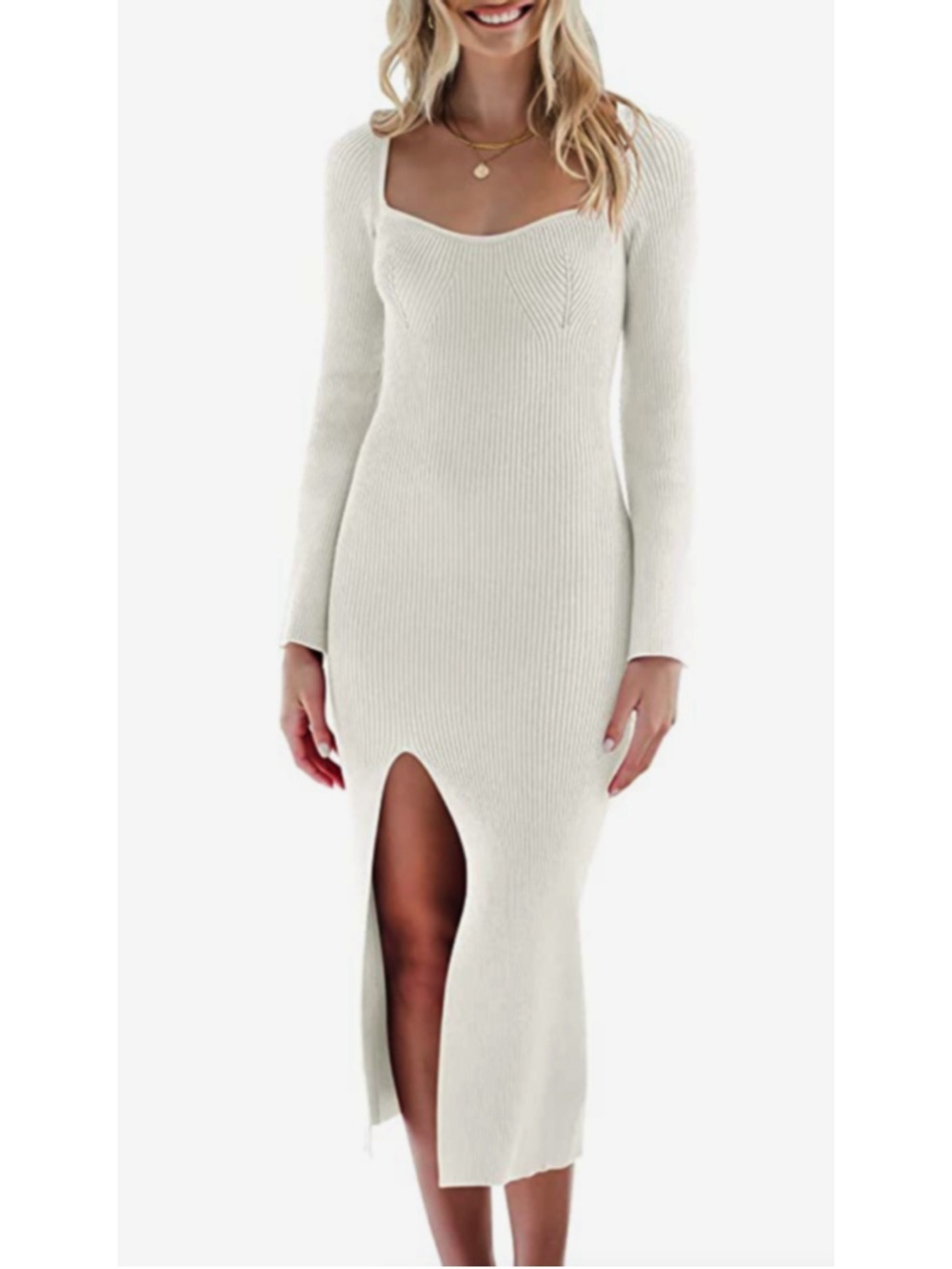 Women's Long Sleeve Ribbed Knit Midi Dress Light Gray Small